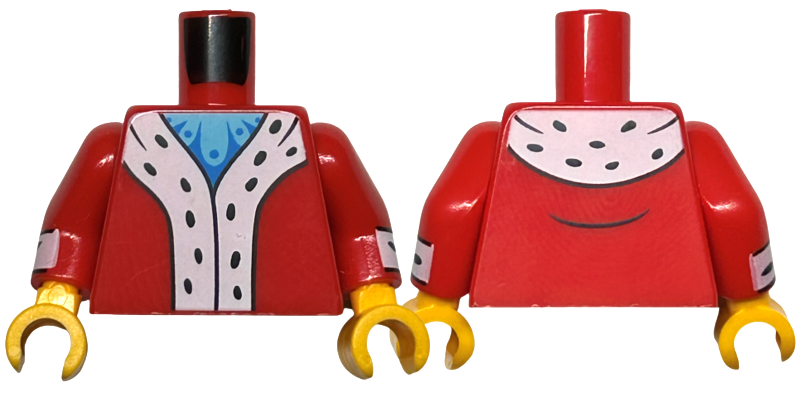 Lego Torso Coat with White Trim with Black Spots, Medium Azure and Blue Shirt Pattern / Red Arms with White Cuffs and Black Spots Pattern / Bright Light Orange Hands
