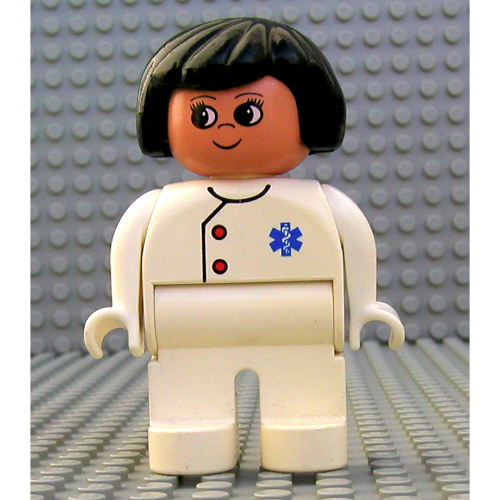 Lego Duplo Figure, Early, Hair Bob Black, White Legs, Two Red Buttons and Blue EMT Star of Life Print / White