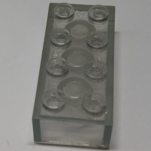 Lego Brick 2 x 4 with Old Logo on Studs and without Cross Supports / Trans-Clear