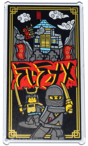 Lego Glass for Window 1 x 4 x 6 with Red Sign with Ninjago Logogram 'NINJA', Minifigures, Ninja's Fire Fortress and Gold Frame Pattern (Sticker) - Set 71837