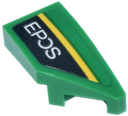 Lego Wedge 2 x 1 x 2/3 Right with 'EPOS' Logo and Yellow Stripe Pattern (Sticker) - Set 76925 / Green