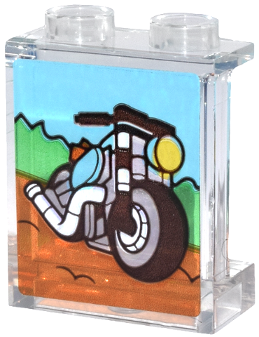 Lego Panel 1 x 2 x 2 with Side Supports - Hollow Studs with Motorcycle, Reddish Brown Road, and Green Bushes Pattern (Sticker) - Set 31147