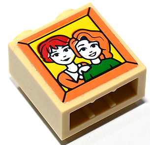 Lego Brick, Modified 1 x 2 x 1 2/3 with Studs on Side with Picture of Girls, Green Sweater and Red Hair on Yellow Background in Orange Frame Pattern (Sticker) - Set 41730 / Tan