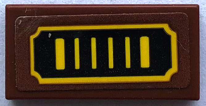 Lego Tile 1 x 2 with 6 Yellow Lines and Border on Black Background Pattern (Sticker) - Set 21336 / Reddish Brown