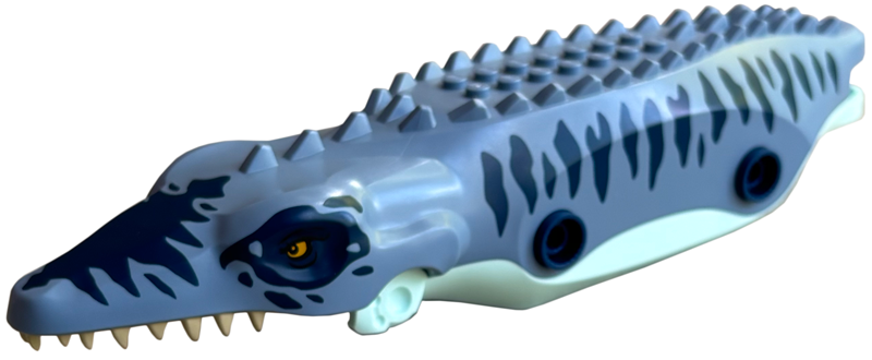 Lego Dinosaur Body and Head, Mosasaurus with Light Aqua Bottom with Yellow Eyes, Tan Teeth, Dark Blue Stripes Pattern / Sand Blue