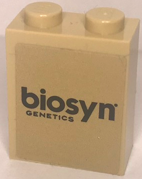 Lego Brick 1 x 2 x 2 with Inside Stud Holder with Black 'biosyn GENETICS' Pattern (Sticker) - Set 76951