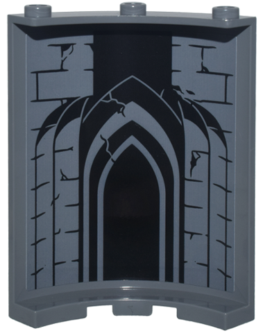 Lego Cylinder Quarter 4 x 4 x 6 with Brick Wall with Black Mortar, Pointed Arches and Cracks Pattern (Sticker) - Set 10333 / Dark Bluish Gray