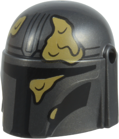 Lego Minifigure, Headgear Helmet with Holes, SW Mandalorian, with Black Top Lines and Visor and Dark Tan Mud Splotches Pattern