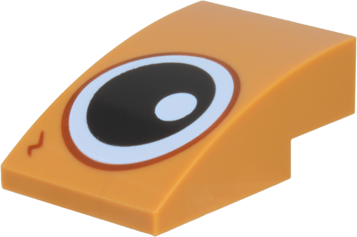 Lego Slope, Curved 3 x 2 with Black and White Eye, Reddish Brown Outline and Fur Pattern Model Left Side / Medium Nougat