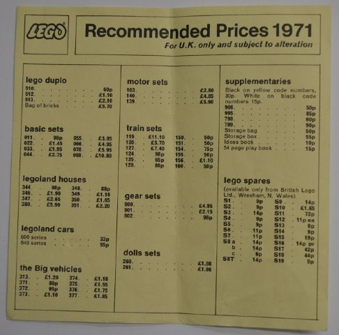 Lego 1971 UK Price List