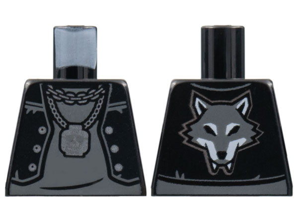 Lego Torso Open Vest with Buttons, Dark Bluish Gray Shirt, Silver Skull on Chain, Wolf on Back Pattern / Black