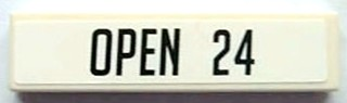 Lego Tile 1 x 4 with Black 'OPEN 24' Pattern (Sticker) - Set 8154 / White