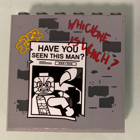Lego Panel 1 x 6 x 5 with 'HAVE YOU SEEN THIS MAN' Newspaper Page, Scorpion Picture and 'WHICHONE ISWHICH?' Pattern (Sticker) - Set 76057 / Light Bluish Gray
