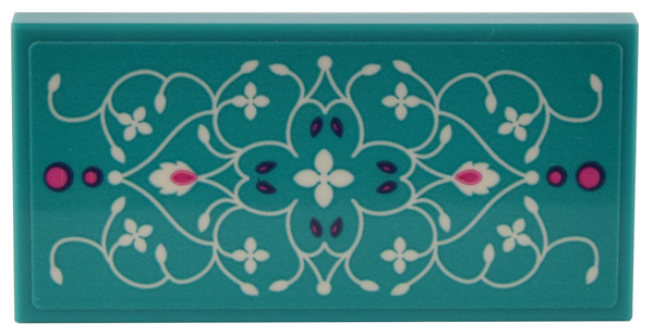 Lego Tile 2 x 4 with Dark Turquoise Rug with Ornate White Filigree Scrolls, Leaves and Flowers and Magenta Accents Pattern (Sticker) - Set 41732 / Dark Turquoise