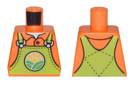 Lego Torso Lime Overalls with Bright Green Hills and Yellow Sun over Shirt with Collar Pattern / Orange