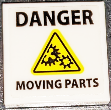 Lego Tile 2 x 2 with Black 'DANGER', 'MOVING PARTS', and Yellow Warning Triangle with Gears Pattern (Sticker) - Set 70631
