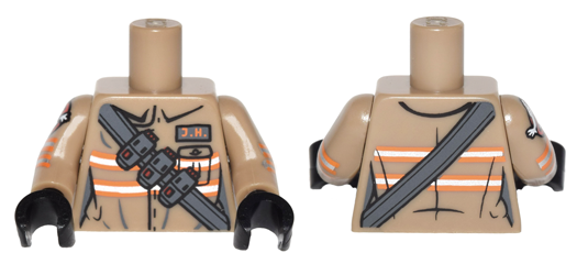 Lego Torso Ghostbusters Jumpsuit Female with 'J.H.' ID Badge and Strap with Ammo Pattern / Dark Tan Arms with Ghostbusters Pattern / Black Hands