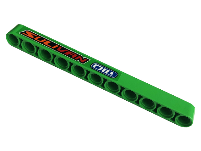 Lego Technic, Liftarm Thick 1 x 11 with 'SULIVAN' and 'OIL' Pattern Model Left Side (Sticker) - Set 42129 / Bright Green