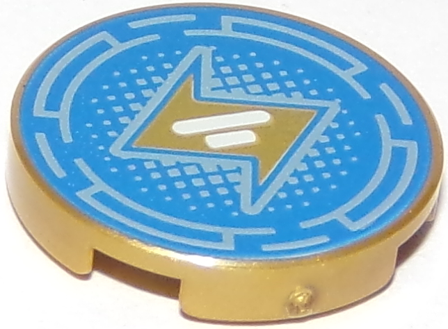 Lego Tile, Round 2 x 2 with Bottom Stud Holder with Gold Lightning Bolt and Metallic Light Blue Broken Circles and Dots on Blue Background Pattern