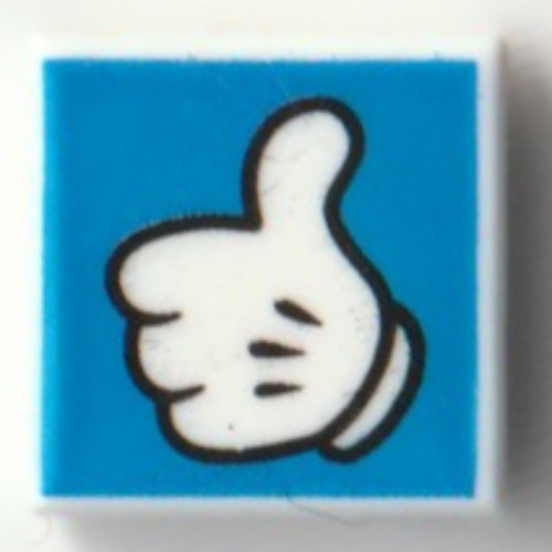Lego Tile 1 x 1 with Mickey Mouse Glove/Hand, Thumbs Up on Blue Background Print / White