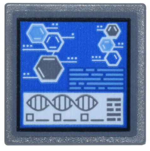 Lego Road Sign 2 x 2 Square with Open O Clip with Digital Display Chemical Symbols on Blue Background and Double Helix Pattern (Sticker) - Set 76269 / Dark Bluish Gray