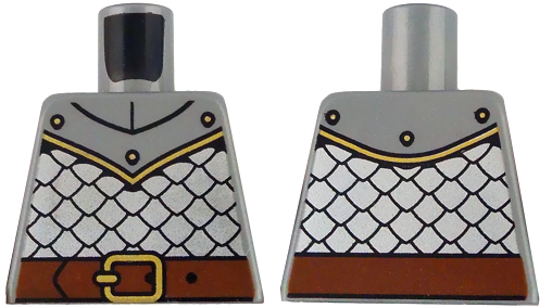 Lego Torso Silver Scale Mail Armor, Reddish Brown Belt with Gold Buckle, Neck Plate with 3 Rivets Pattern / Flat Silver