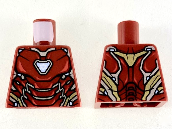 Lego Torso Armor with Thin Red Markings, Bright Light Blue Triangular Arc Reactor, Silver and Gold Trim Pattern / Dark Red