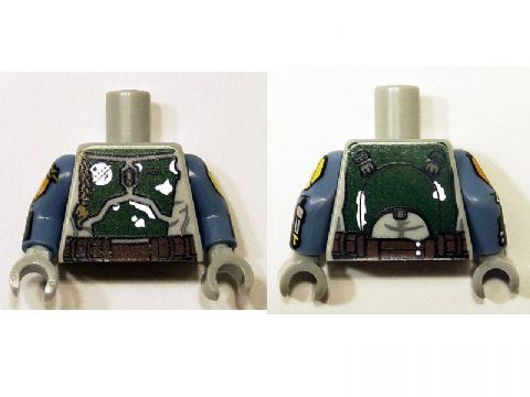 Lego Torso SW Mandalorian Armor Plates Dark Green Pattern Dual Sided (Boba Fett), Large Emblem on Chest / Sand Blue Arms Printed / Light Bluish Gray Hands