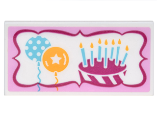 Lego Tile 2 x 4 with Sign with 2 Balloons, Birthday Cake with 7 Candles in Magenta and Bright Pink Frame Pattern (Sticker) - Set 41132