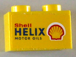 Lego Brick 1 x 2 with 'Shell HELIX MOTOR OILS' on Yellow Background Pattern on Both Sides (Stickers) - Set 1254 / Yellow