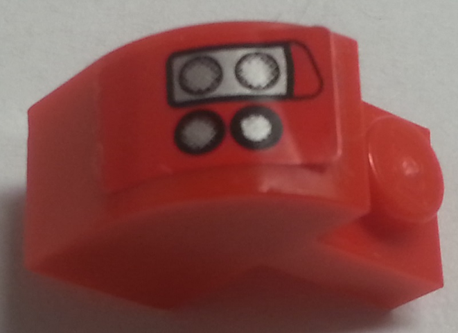 Lego Slope, Curved 2 x 1 x 1 1/3 with Recessed Stud with 4 Silver Headlights on Red Background Pattern Model Right Side (Sticker) - Set 8153