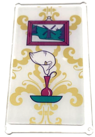 Lego Glass for Window 1 x 4 x 6 with White Calla Lily in Magenta Vase on Dark Turquoise Shelf, Framed Picture of Windmill and Gold Floral Wallpaper on White Background Pattern (Sticker) - Set 41684 / Trans-Clear