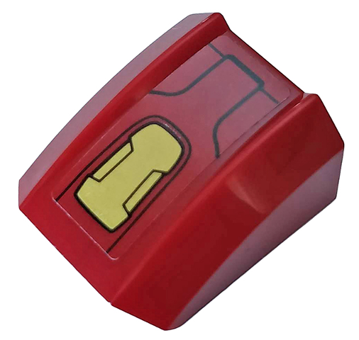 Lego Slope, Curved 2 x 2 Lip with Gold Armor Plate Pattern (Sticker) - Set 76104 / Dark Red