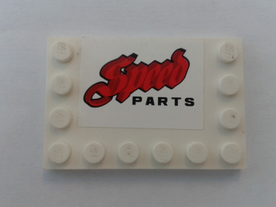 Lego Tile, Modified 4 x 6 with Studs on Edges with 'SPEED PARTS' Pattern (Sticker) - Set 8154 / White