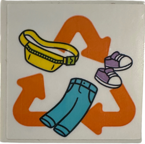 Lego Tile 4 x 4 with Orange Recycling Arrows, Yellow Fanny Pack, Medium Lavender Shoes and Medium Azure Jeans Pattern (Sticker) - Set 42614