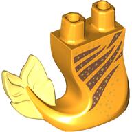 Lego Tail, Mermaid Curved Right with Medium Brown Stripes, Gold Stars, Bright Light Yellow Fins print / Bright Light Orange