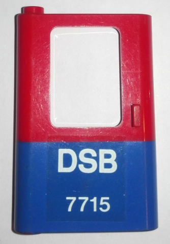 Lego Door 1 x 4 x 5 Train Left, Thin Support at Bottom with Blue Bottom Half and White 'DSB 7715' Pattern (Sticker) - Set 7715 / Red
