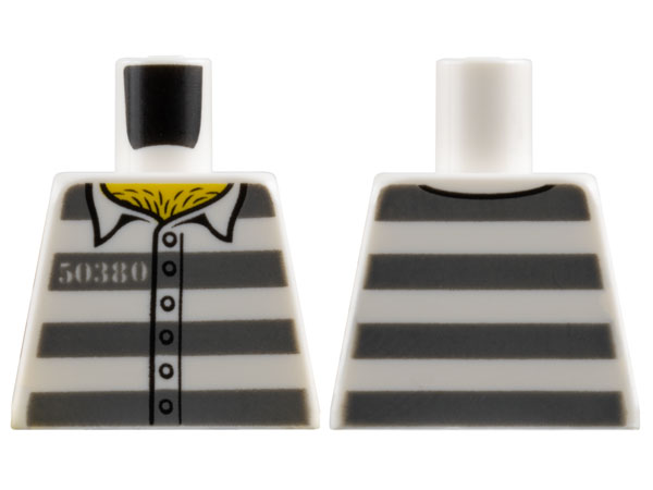 Lego Torso Prison Uniform Shirt with '50380', 6 Buttons, and Dark Bluish Gray Stripes, Hairy Chest, Yellow Neck Pattern / White