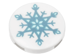 Lego Tile, Round 2 x 2 with Bottom Stud Holder with Metallic Light Blue Snowflake Pattern / White