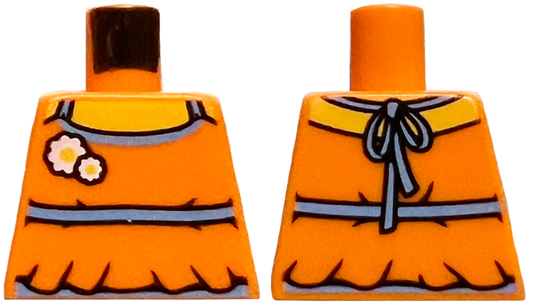 Lego Torso Halter Top with Medium Blue Trim and Flowers, Yellow Neck, Covered Back Pattern / Orange