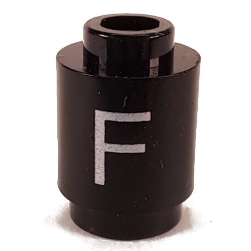 Lego Brick Round 1 x 1 with Letter 'F' Print / Black