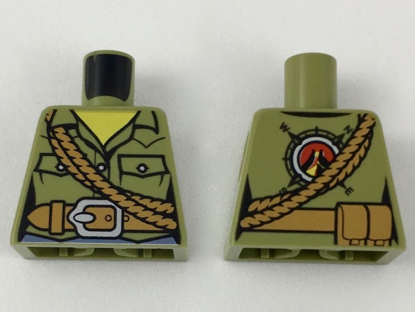 Lego Torso Volcano Explorer Female Shirt with Belt and Shoulder Ropes Front, Volcano Logo Back Pattern / Olive Green