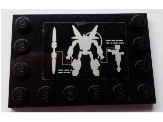 Lego Tile, Modified 4 x 6 with Studs on Edges with Exo-Force Mech / Robot Pattern (Sticker) - Set 7709 / Black