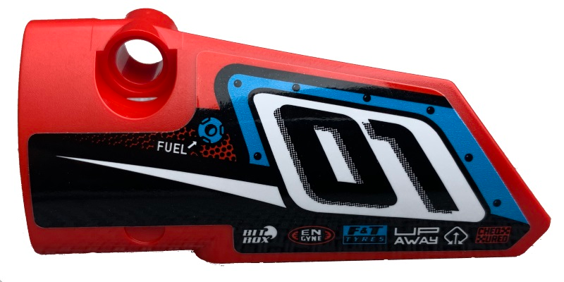 Lego Technic, Panel Fairing # 3 Small Smooth Long, Side A with '01', Fuel Hole and White Stripe on Black Background Pattern (Sticker) - Set 42073 / Red