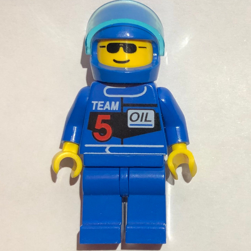 Lego Racer, Blue Jacket with 'TEAM 5', Blue Helmet with Visor, Sunglasses