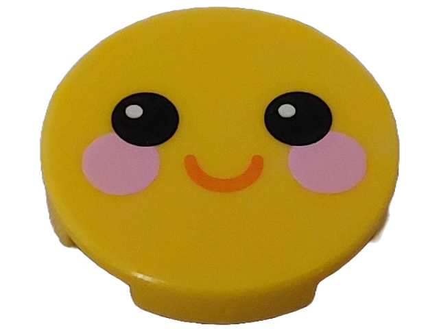 Lego Tile, Round 2 x 2 with Bottom Stud Holder with Face with Black Eyes, Bright Pink Circles on Cheeks, Coral Smile Pattern