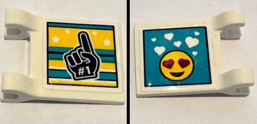 Lego Flag 2 x 2 Square with Flat Edge with Black Foam Hand with White '#1' / Yellow Emoji with Heart Eyes on Medium Azure Background Pattern (Stickers) - Set 41372 / White