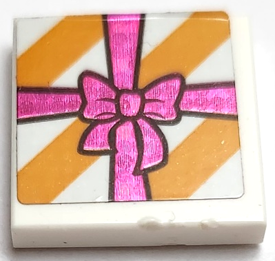 Lego Tile 2 x 2 with Bright Light Orange Diagonal Stripes and Holographic Magenta Ribbon with Bow Pattern (Sticker) - Set 41167 / White