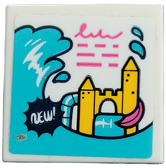 Lego Tile 2 x 2 with 'NEW!' in Black Starburst, Yellow Castle, Dark Turquoise Waves, Dark Pink Writing, Lines and Slide Pattern (Sticker) - Set 41428 / White