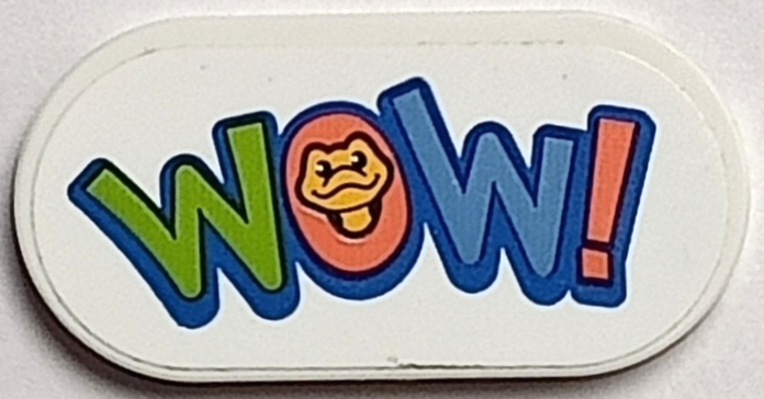 Lego Tile, Round 2 x 4 Oval with Lime, Dark Azure, Coral and Blue 'WOW!' and Bright Light Orange Gecko Head (Popcorn) Pattern (Sticker) - Set 41739 / White